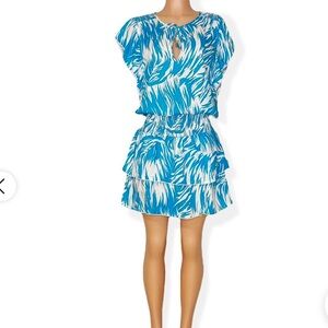 Blue white swirl zebra MELISSA ODABASH keri splash style flounce dress S cute